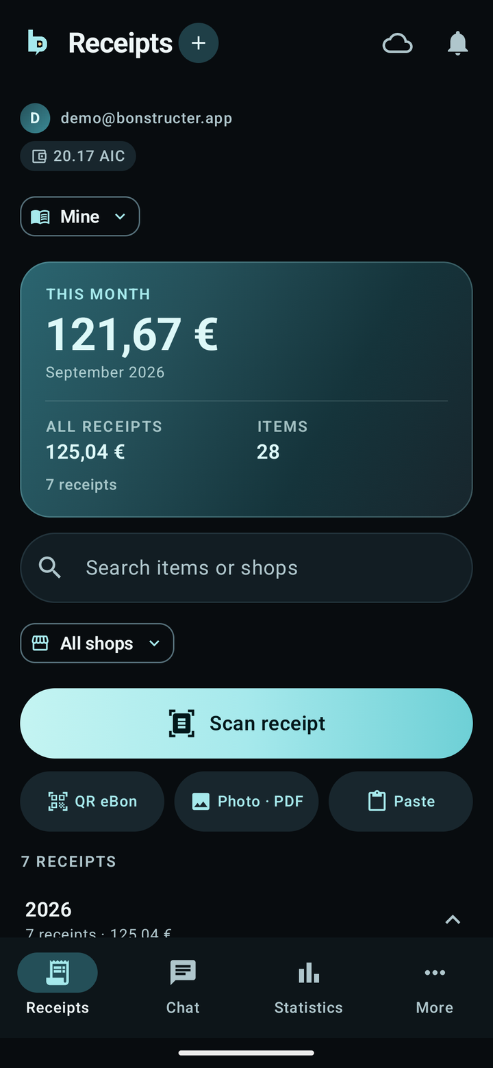 Receipt list with Jet, Edeka and other shops