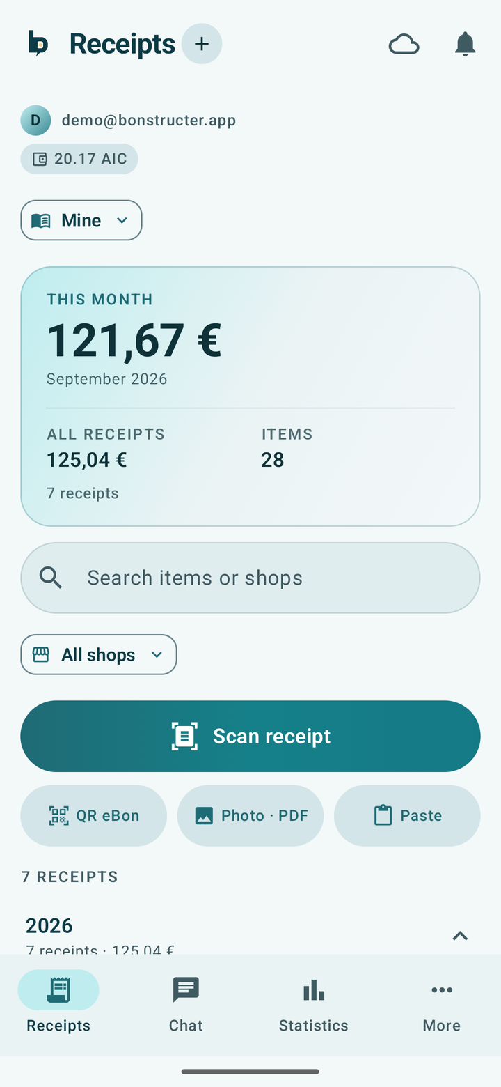 Receipt list in light mode