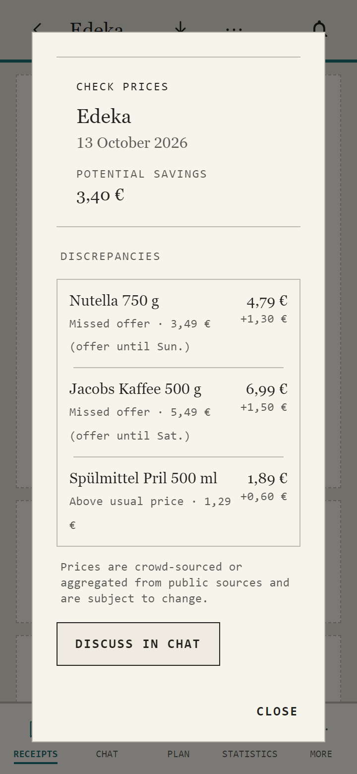 Price check of an Edeka receipt in the Bonstructer app: missed offers and possible savings