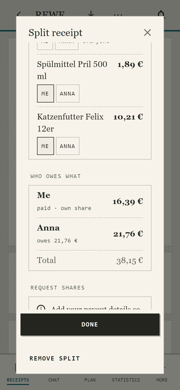 Splitting a receipt in the Bonstructer app: who had what and who owes whom