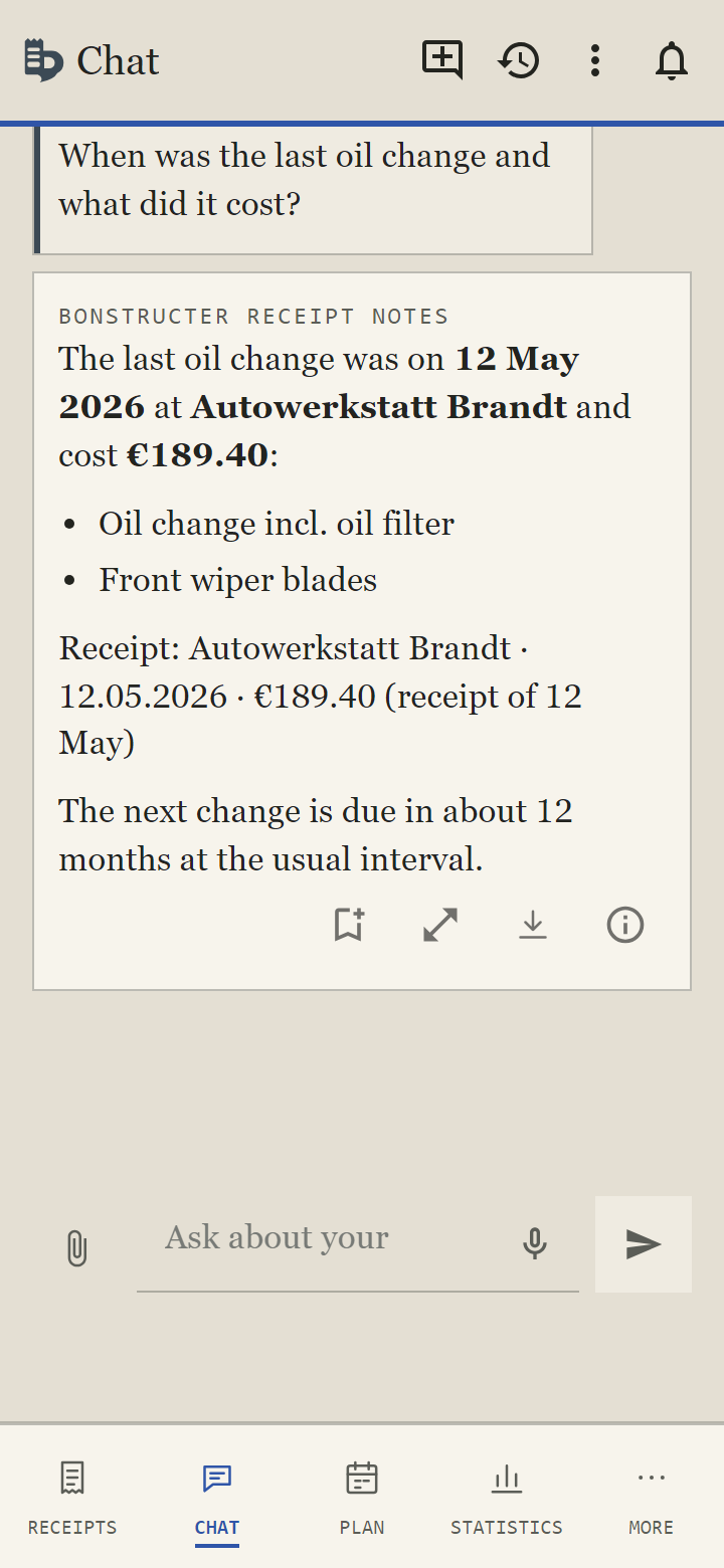 Chat in the Bonstructer app: when was the last oil change? Answer citing the garage receipt