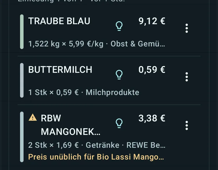 Bonstructer: Bon-Zeilen mit Preis, eine Zeile markiert „Preis unüblich“