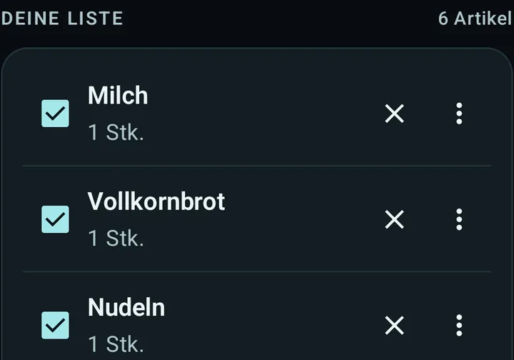 Bonstructer: Einkaufsliste mit Milch, Vollkornbrot, Nudeln