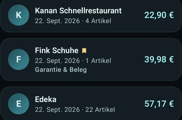 Bonstructer: Bon-Liste, Schuhkauf mit „Garantie & Beleg“ markiert