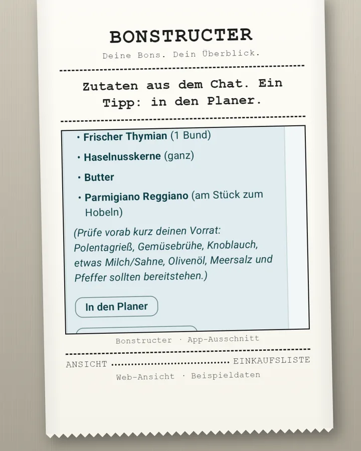 Bonstructer: Chat legt die Zutaten eines Rezepts in die Einkaufsliste