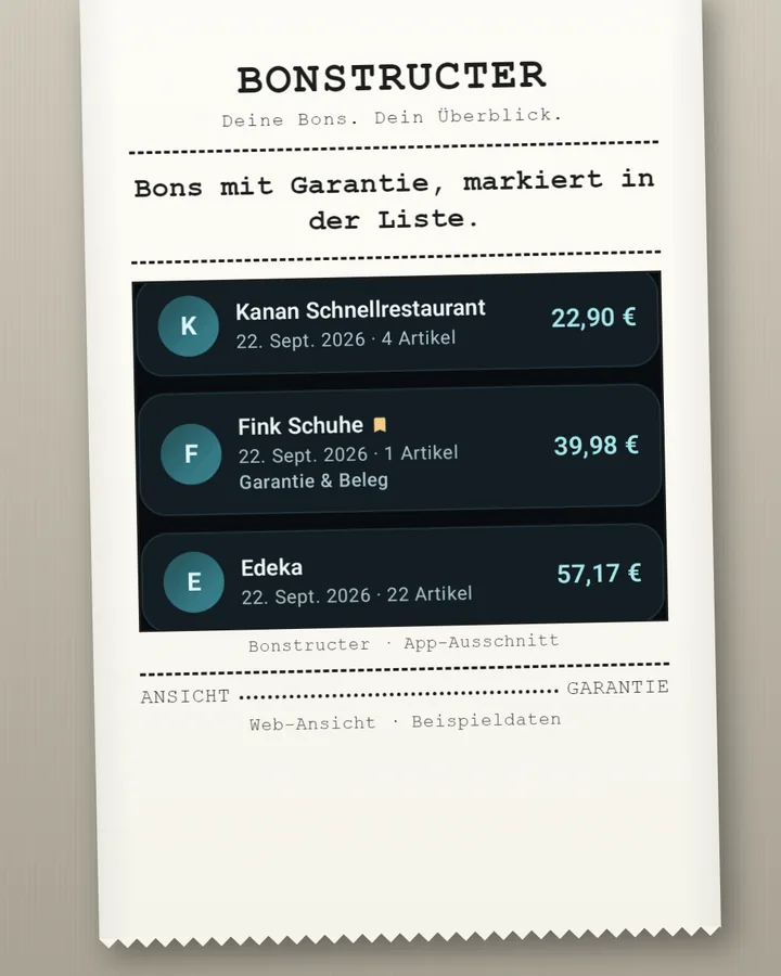 Bonstructer: Bon-Liste nach Laden und Datum, Garantie-Bons wiederfindbar