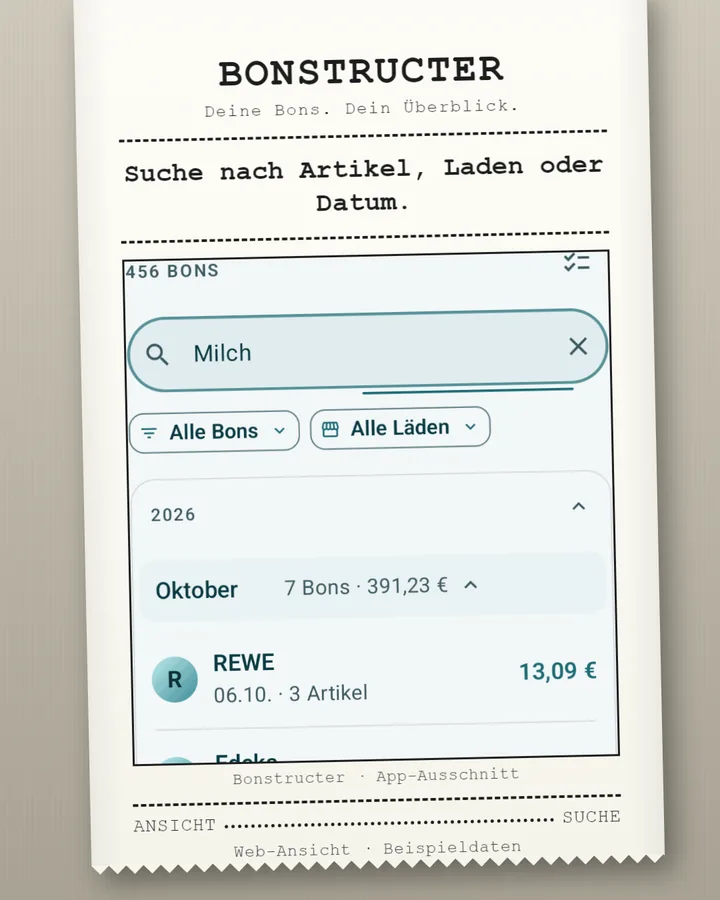 Bonstructer: Suche nach „Milch“ mit Treffern über mehrere Bons
