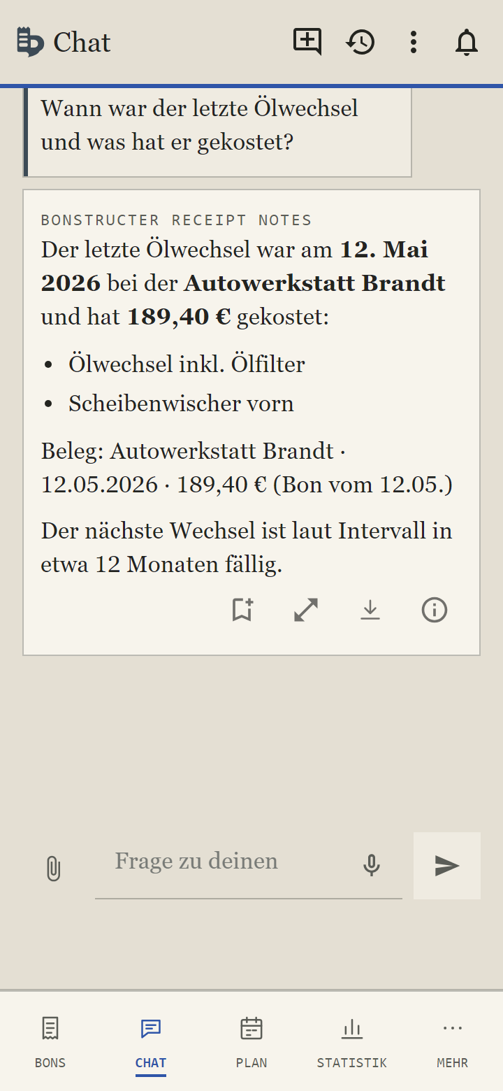 Bonstructer Belegarchiv: Werkstattrechnung im Chat wiederfinden