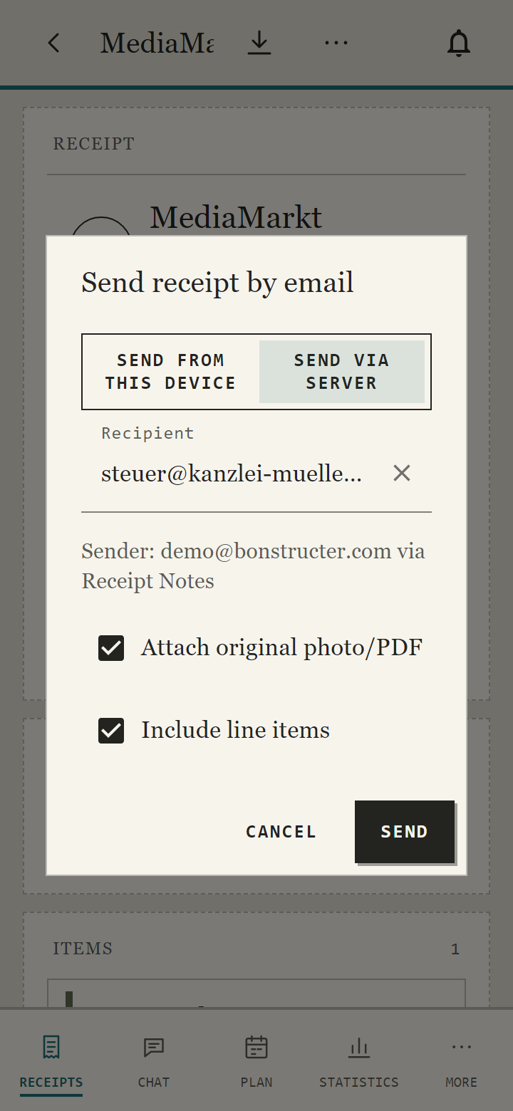 Bonstructer: send a receipt by email, with the original photo