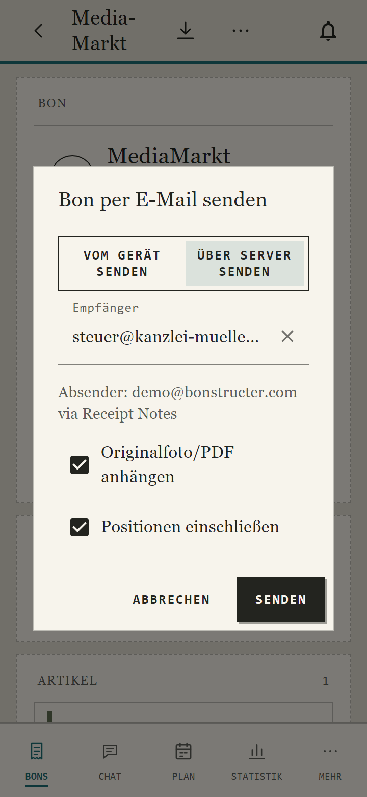 Bonstructer: Kassenbon per E-Mail senden, mit Originalfoto