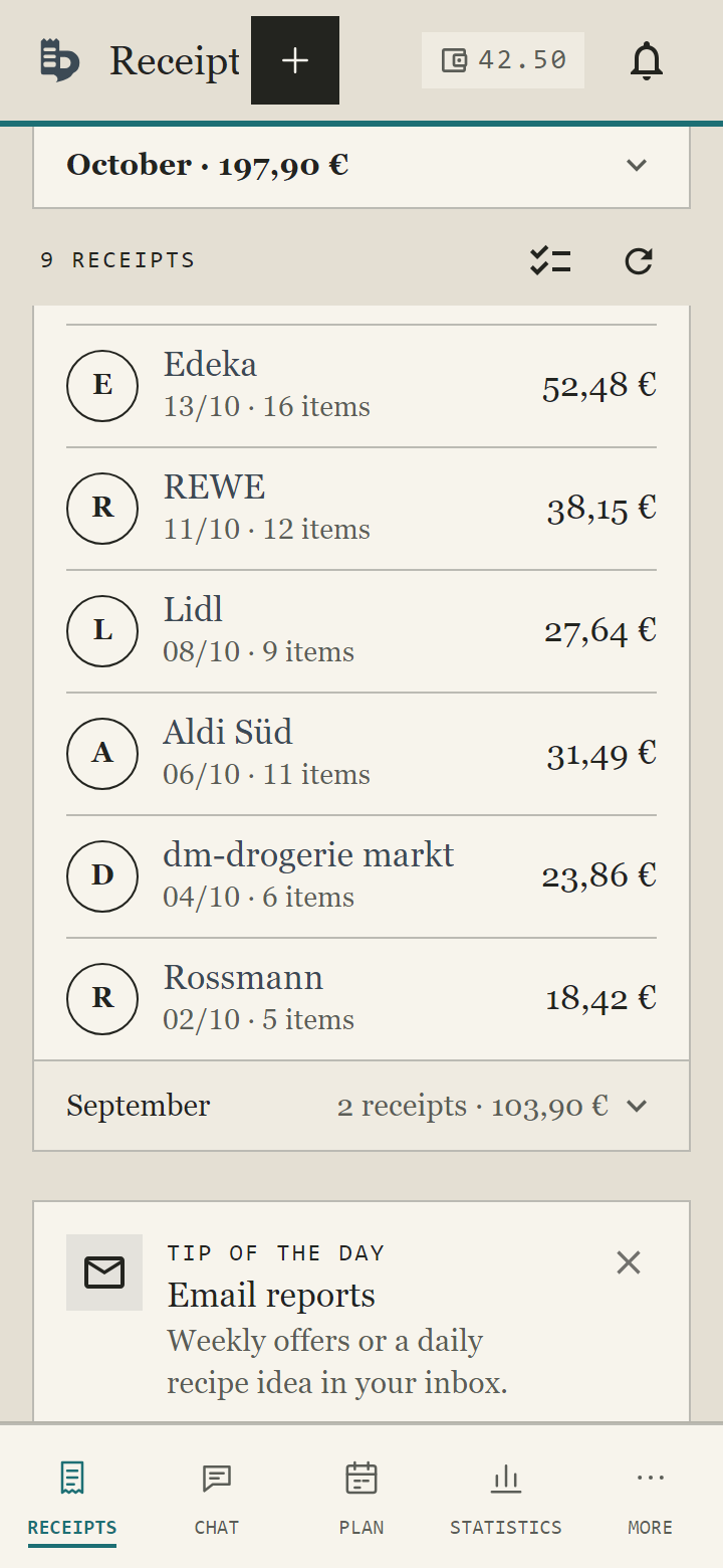 Bonstructer receipt app: list of scanned receipts from Edeka, REWE, Lidl, Aldi, dm