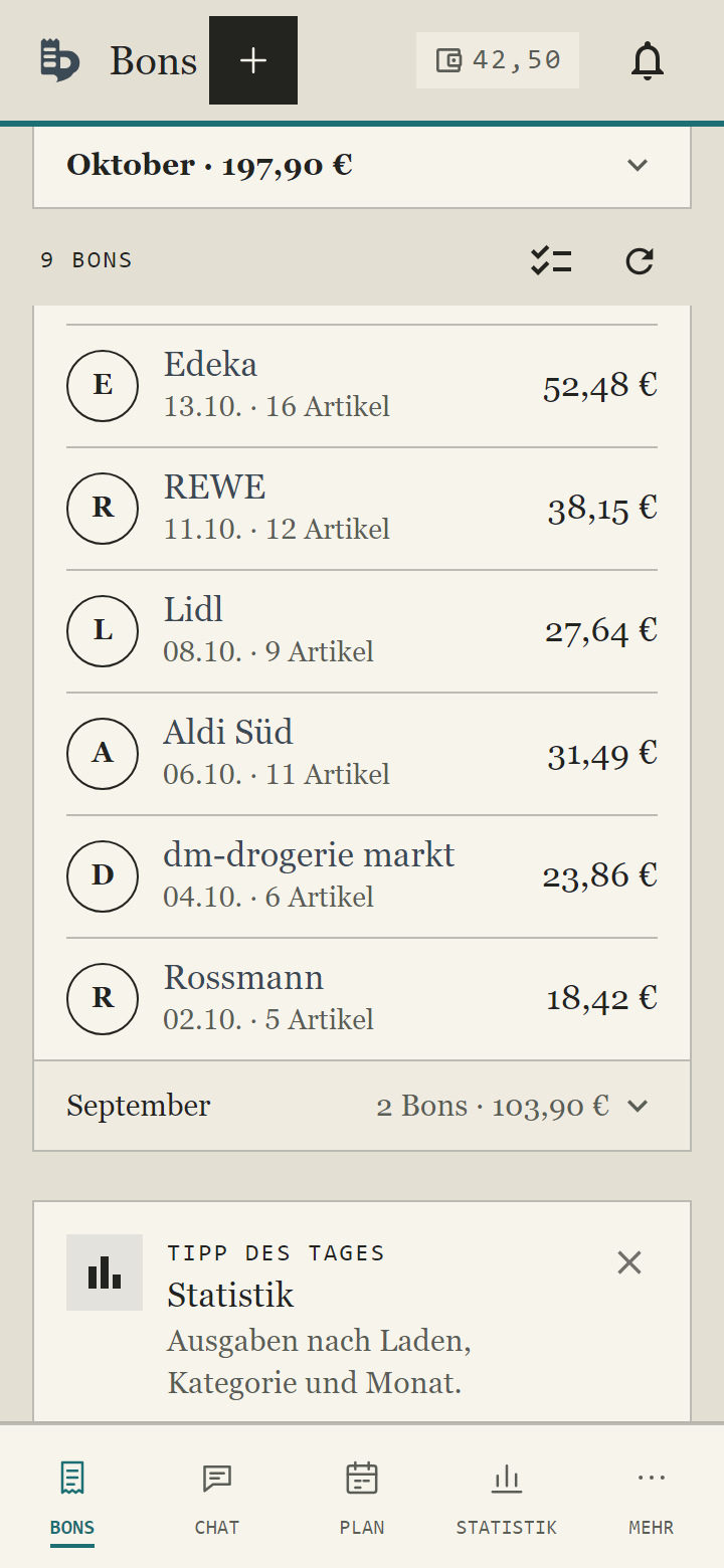 Bonstructer Kassenbon-App: Liste der gescannten Kassenbons von Edeka, REWE, Lidl, Aldi, dm