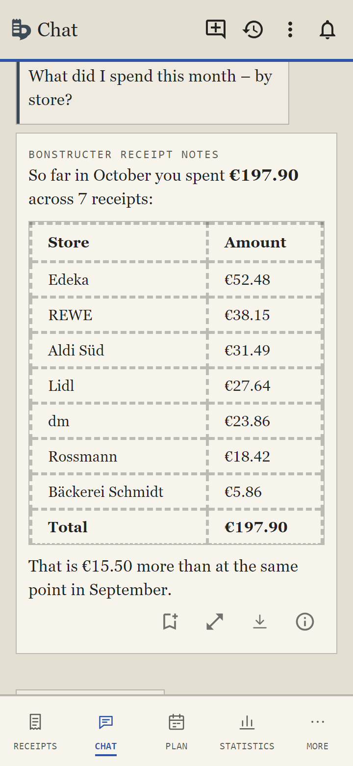 Bonstructer receipt app: chat asks your own receipts, spending this month by shop